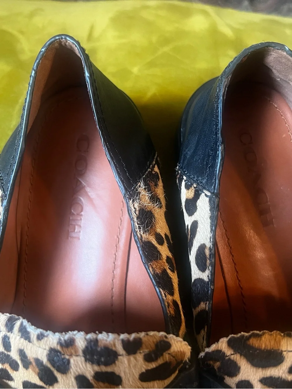 Coach Women's Leopard Print Loafers with Black Strap and Gold Chain